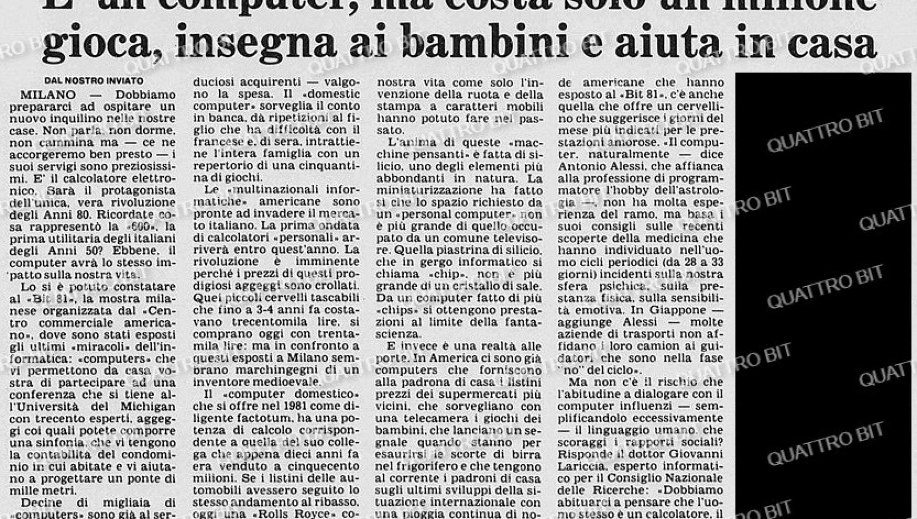 Su un giornale italiano si annuncia la rivoluzione del domestic computer “che costa solo un milione”