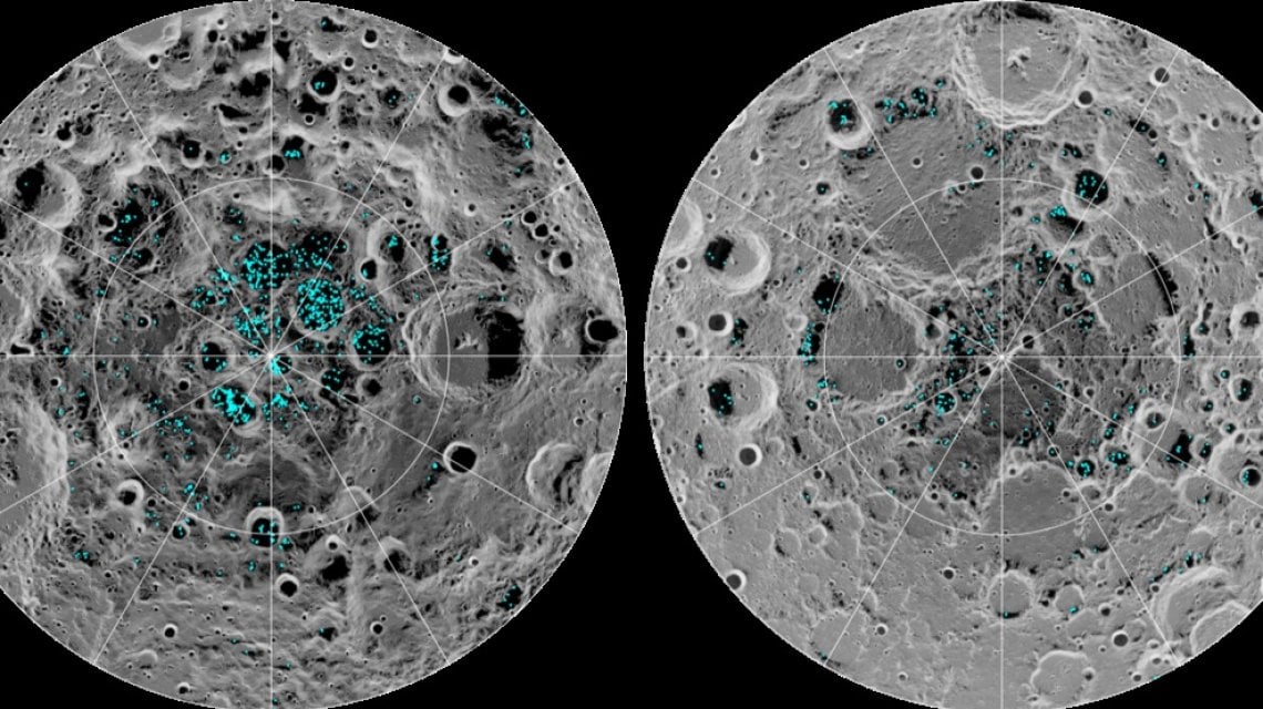 La distribuzione del ghiaccio ai poli della Luna individuato con lo strumento Moon mineralogy mapper (M3) della Nasa, a bordo della sonda indiana Chandrayaan-1. NASA